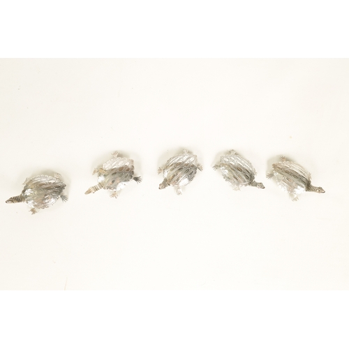 679 - A SET OF FIVE EARLY 20TH CENTURY NOVELTY SILVER PLACE MARKERS modelled as terrapins with red jewelle... 