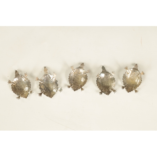 679 - A SET OF FIVE EARLY 20TH CENTURY NOVELTY SILVER PLACE MARKERS modelled as terrapins with red jewelle... 