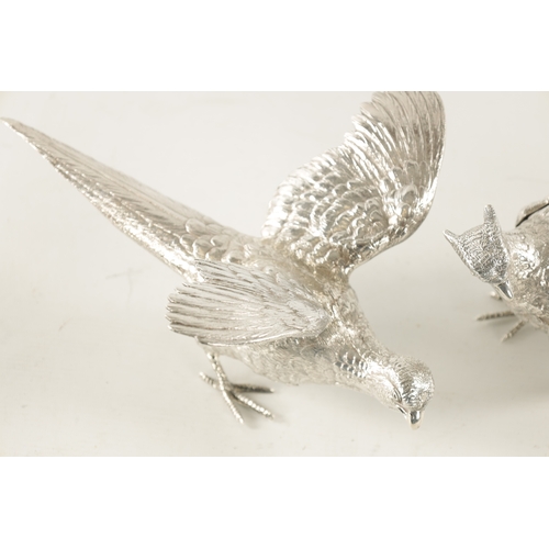 682 - A PAIR OF 20TH CENTURY MAPPIN & WEBB SILVER PHEASANTS realistically modelled as a hen and cock pheas... 