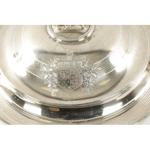 685 - A LARGE LATE 19TH CENTURY SILVER SOUP TUREEN with domed lid finely engraved with two coats of arms, ... 