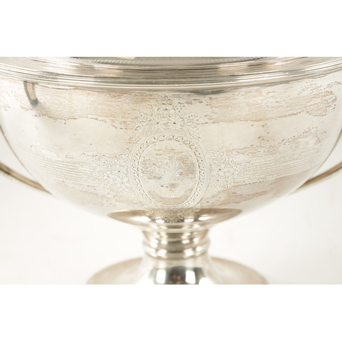 685 - A LARGE LATE 19TH CENTURY SILVER SOUP TUREEN with domed lid finely engraved with two coats of arms, ... 