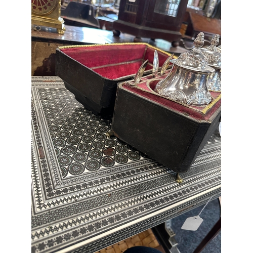 686 - A GOOD GEORGE III SHAGREEN CASED SET OF THREE OLD SHEFFIELD TEA CADDIES the double ogee hinged lid w... 