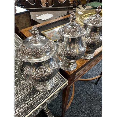 686 - A GOOD GEORGE III SHAGREEN CASED SET OF THREE OLD SHEFFIELD TEA CADDIES the double ogee hinged lid w... 