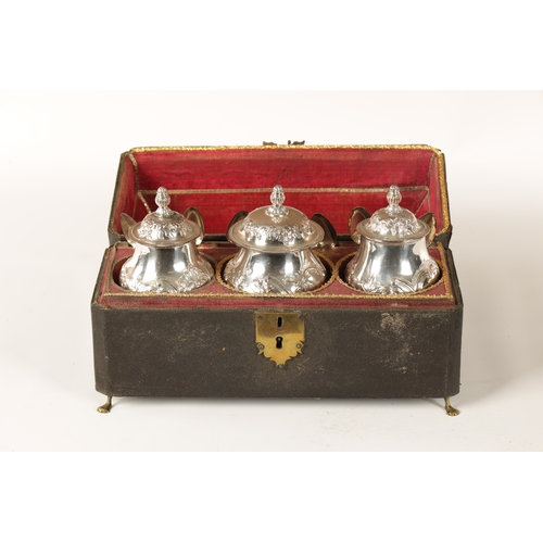 686 - A GOOD GEORGE III SHAGREEN CASED SET OF THREE OLD SHEFFIELD TEA CADDIES the double ogee hinged lid w... 