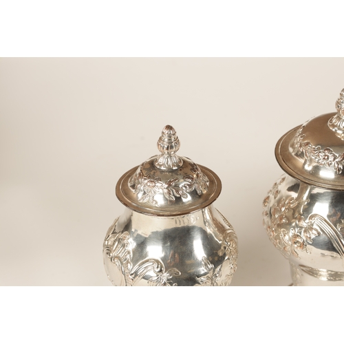 686 - A GOOD GEORGE III SHAGREEN CASED SET OF THREE OLD SHEFFIELD TEA CADDIES the double ogee hinged lid w... 