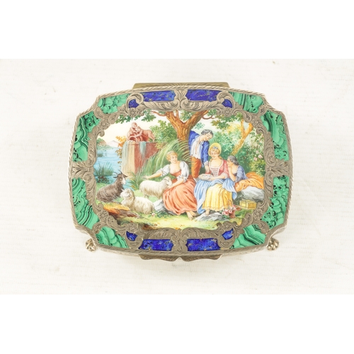 695 - A FINE 19TH CENTURY ITALIAN SILVER AND ENAMEL MUSIC BOX decorated with classical figural scene surro... 