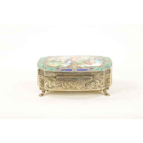 695 - A FINE 19TH CENTURY ITALIAN SILVER AND ENAMEL MUSIC BOX decorated with classical figural scene surro... 