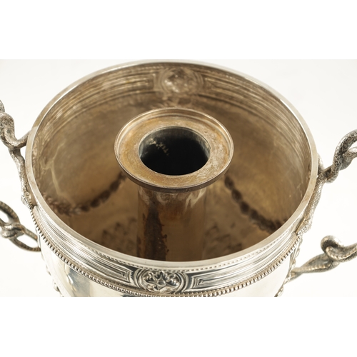 703 - A GOOD GEORGE III SILVER ADAM-STYLE TEA URN with leaf cast finial and coat of arms to the lift of li... 