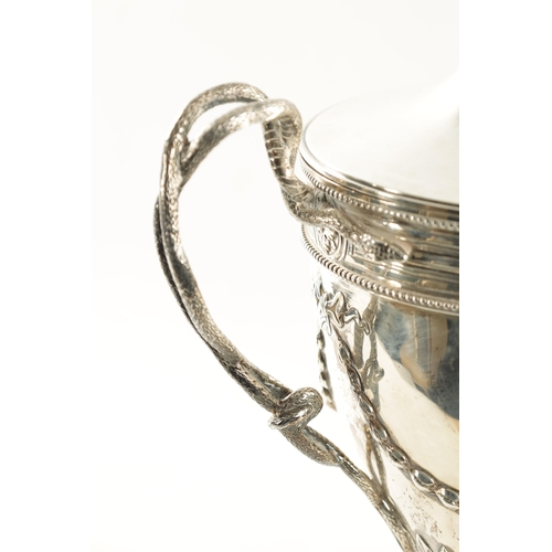 703 - A GOOD GEORGE III SILVER ADAM-STYLE TEA URN with leaf cast finial and coat of arms to the lift of li... 