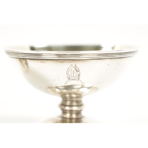 718 - A SET OF FOUR GEORGE III SILVER OPEN SALTS of plain crested pedestal form with gilt bowls and reeded... 