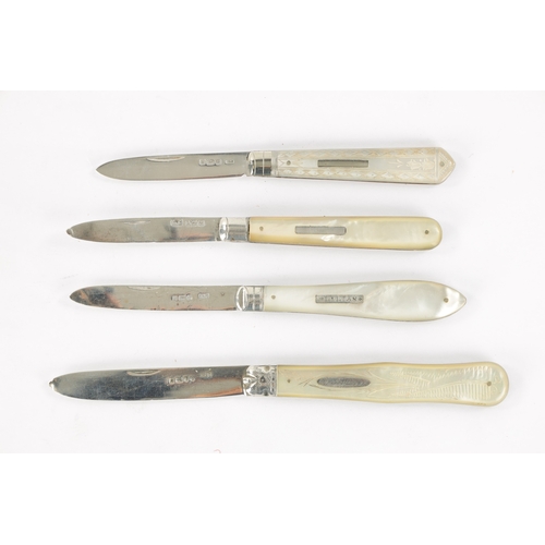 722 - A COLLECTION OF FOUR 19TH CENTURY SILVER FOLDING POCKET FRUIT KNIVES with mother-of-pearl handles.