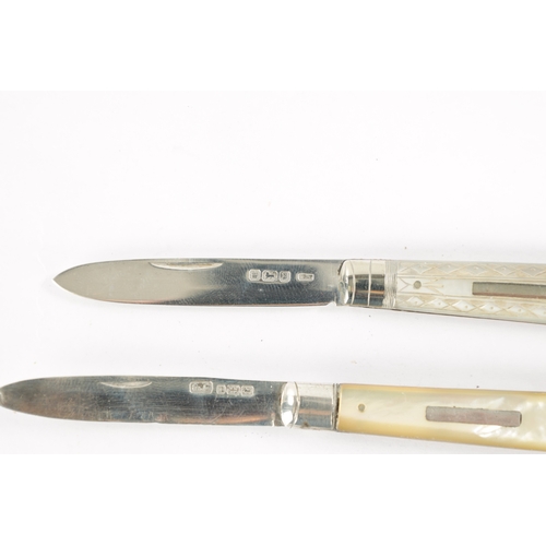 722 - A COLLECTION OF FOUR 19TH CENTURY SILVER FOLDING POCKET FRUIT KNIVES with mother-of-pearl handles.