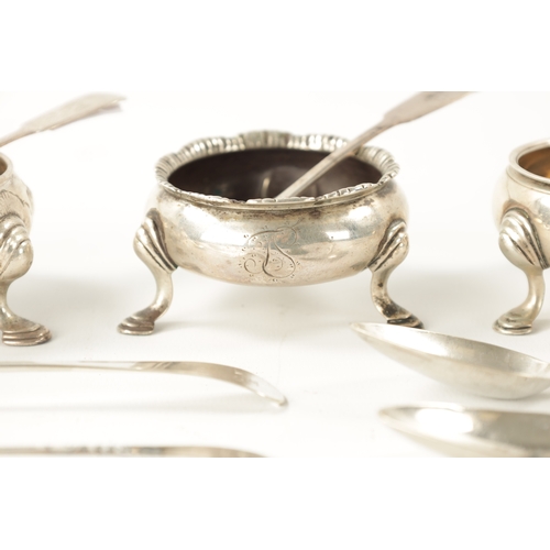 733 - A PAIR AND THREE ODD 18TH CENTURY SILVER CAULDRON SHAPED OPEN SALTS Five Silver fiddle pattern SPOON... 