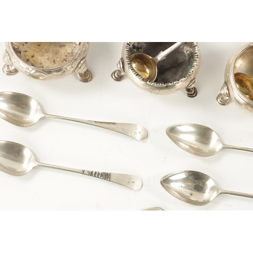 733 - A PAIR AND THREE ODD 18TH CENTURY SILVER CAULDRON SHAPED OPEN SALTS Five Silver fiddle pattern SPOON... 