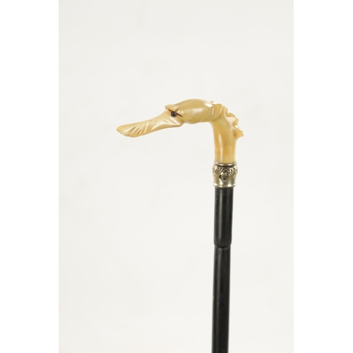 741 - A 19TH CENTURY SILVER AND CARVED HORN WALKING STICK formed as a greyhound's head with glass eye and ... 