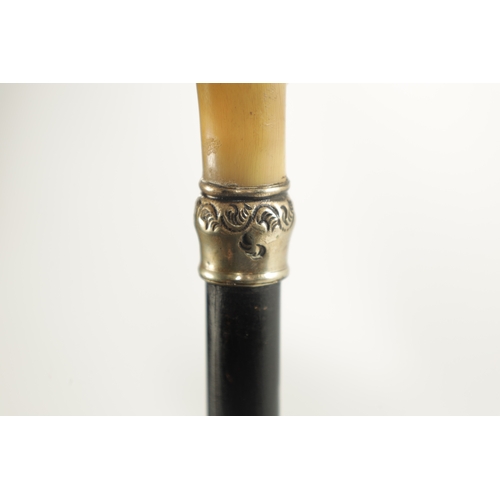 741 - A 19TH CENTURY SILVER AND CARVED HORN WALKING STICK formed as a greyhound's head with glass eye and ... 