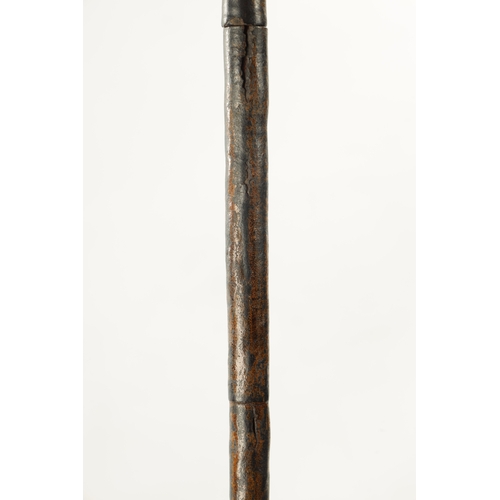 758 - A 19TH CENTURY LEATHER COVERED SWORD STICK with a double-edged blade and hook handle. (90cm long)