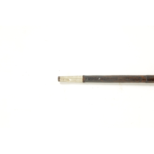 758 - A 19TH CENTURY LEATHER COVERED SWORD STICK with a double-edged blade and hook handle. (90cm long)