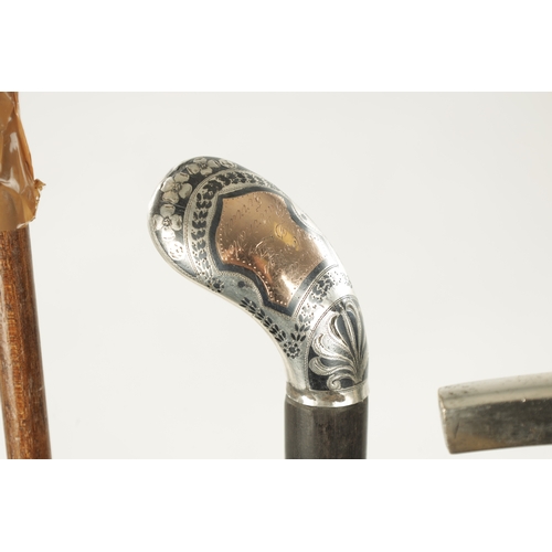 763 - OF GOLFING INTEREST, A COLLECTION OF THREE 19TH CENTURY SILVER TOPPED WALKING STICKS formed as golf ... 