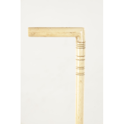 764 - AN EARLY 19TH CENTURY WHALE BONE WALKING STICK with carved ring work decoration together with A SEGM... 