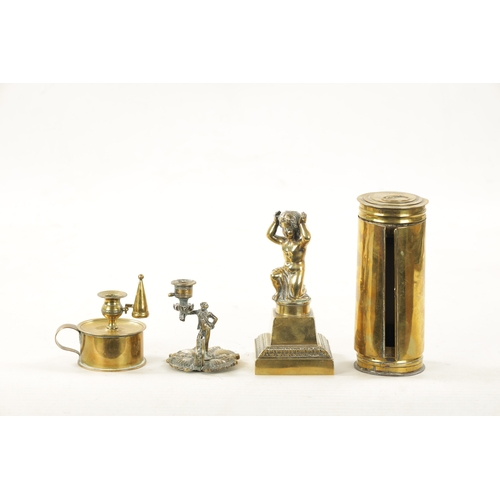 789 - FOUR PIECES OF 19TH CENTURY BRASSWARE including a miner's candle lamp, chamberlain candlestick, tape... 