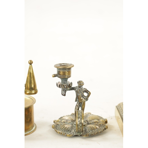 789 - FOUR PIECES OF 19TH CENTURY BRASSWARE including a miner's candle lamp, chamberlain candlestick, tape... 