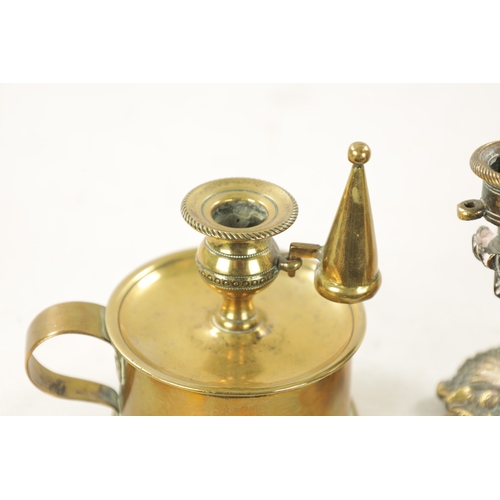 789 - FOUR PIECES OF 19TH CENTURY BRASSWARE including a miner's candle lamp, chamberlain candlestick, tape... 