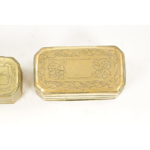 791 - TWO 18TH CENTURY BRASS TOBACCO/SNUFF BOXES of ribbed clipped rectangular form with hinged lids and e... 