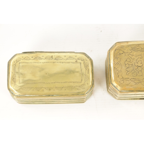 791 - TWO 18TH CENTURY BRASS TOBACCO/SNUFF BOXES of ribbed clipped rectangular form with hinged lids and e... 