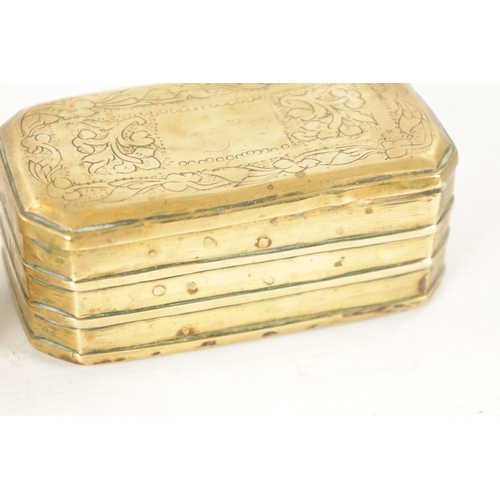 791 - TWO 18TH CENTURY BRASS TOBACCO/SNUFF BOXES of ribbed clipped rectangular form with hinged lids and e... 