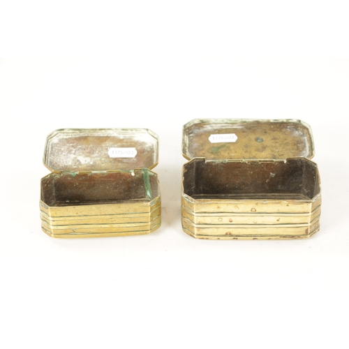 791 - TWO 18TH CENTURY BRASS TOBACCO/SNUFF BOXES of ribbed clipped rectangular form with hinged lids and e... 