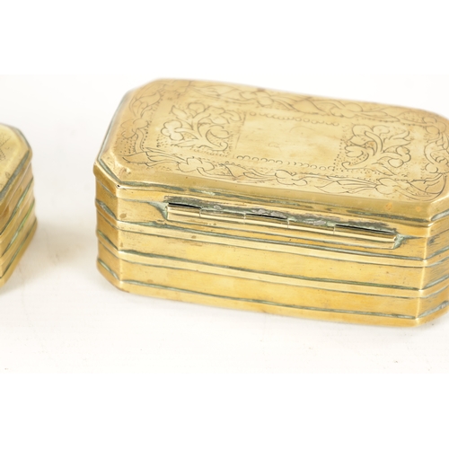 791 - TWO 18TH CENTURY BRASS TOBACCO/SNUFF BOXES of ribbed clipped rectangular form with hinged lids and e... 