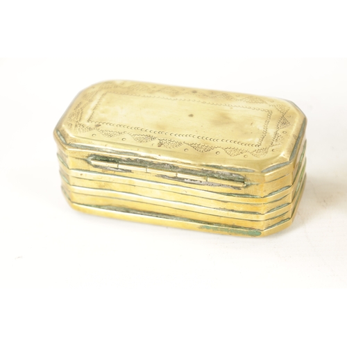 791 - TWO 18TH CENTURY BRASS TOBACCO/SNUFF BOXES of ribbed clipped rectangular form with hinged lids and e... 