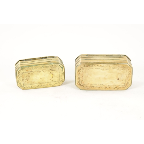 791 - TWO 18TH CENTURY BRASS TOBACCO/SNUFF BOXES of ribbed clipped rectangular form with hinged lids and e... 