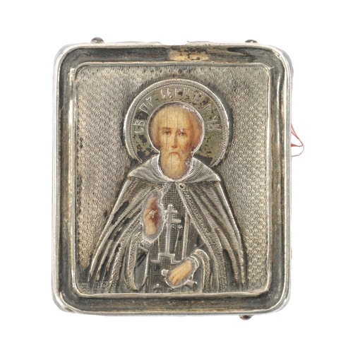 1002 - A 19TH CENTURY RUSSIAN SILVER ICON the centre painted with saint Savva Storozhevsky - stamped 84, HC... 