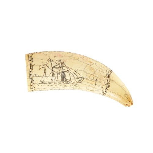 1007 - A 19TH CENTURY SAILS SCRIMSHAW WHALE TOOTH depicting two sailing ships with cross stitch edging. (14... 