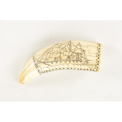 1007 - A 19TH CENTURY SAILS SCRIMSHAW WHALE TOOTH depicting two sailing ships with cross stitch edging. (14... 