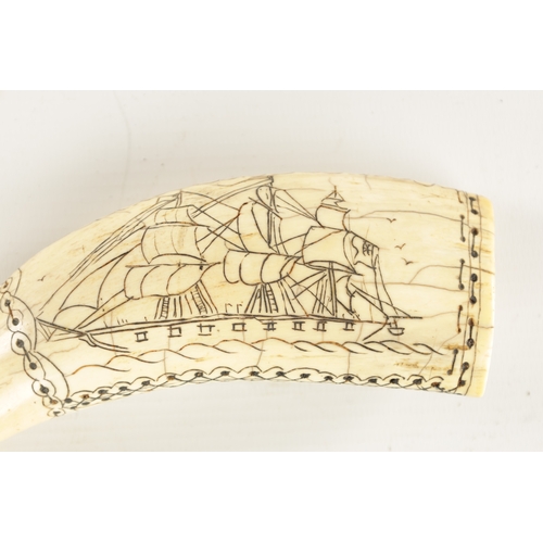 1007 - A 19TH CENTURY SAILS SCRIMSHAW WHALE TOOTH depicting two sailing ships with cross stitch edging. (14... 