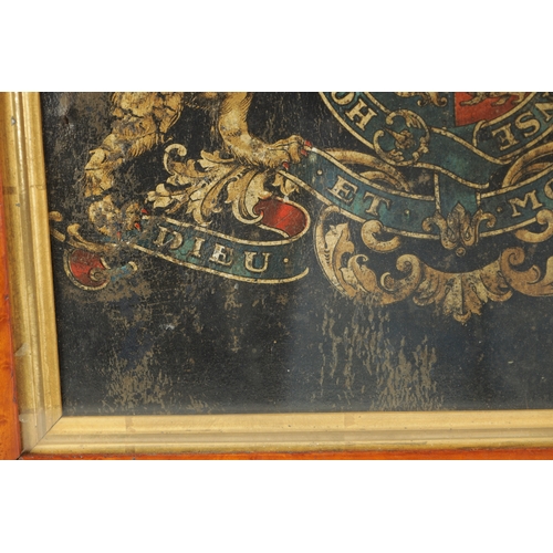 1011 - A 19TH CENTURY CRESTED LEATHER PANEL depicting a Royal Coat of Arms - glazed maple frame with gilt s... 