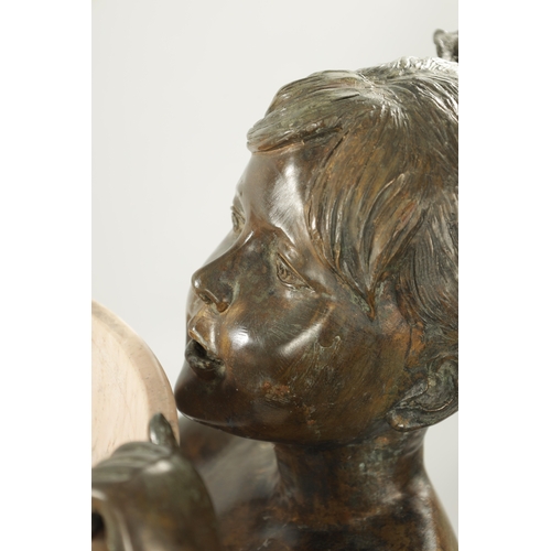 1014 - A 20TH CENTURY FIGURAL BRONZE AND MARBLE FOUNTAIN Having life size bronze figures of a boy and girl ... 