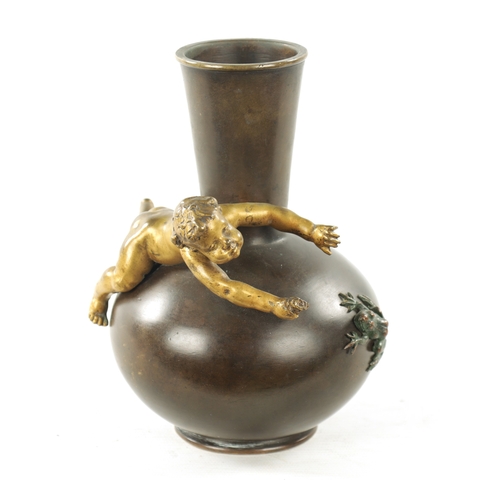 1015 - A 19TH CENTURY FRENCH BRONZE SQUAT BULBOUS VASE modelled with a cherub and frog. (16.5cm high)