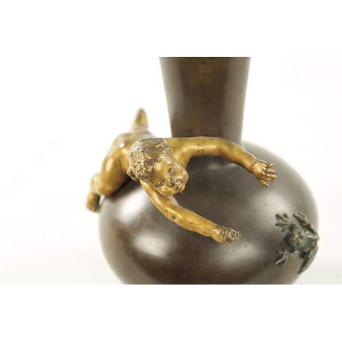 1015 - A 19TH CENTURY FRENCH BRONZE SQUAT BULBOUS VASE modelled with a cherub and frog. (16.5cm high)