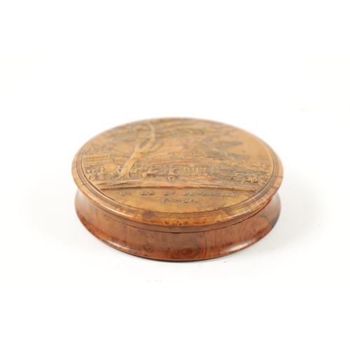 1022 - A 19TH CENTURY FRENCH BURRWOOD EROTIC SNUFF BOX with pressed Military scene to the lid titled 'VUE D... 