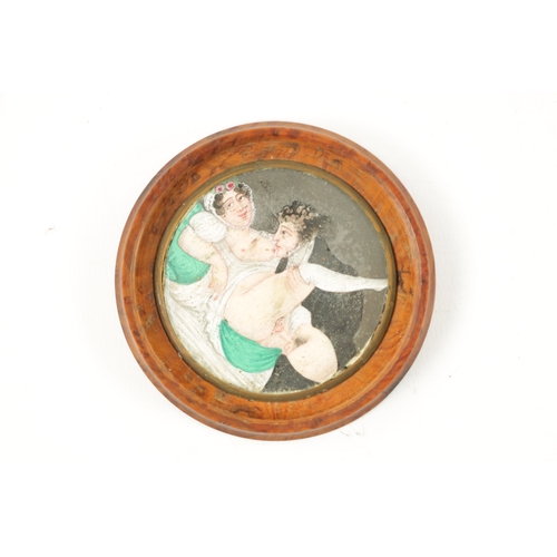 1022 - A 19TH CENTURY FRENCH BURRWOOD EROTIC SNUFF BOX with pressed Military scene to the lid titled 'VUE D... 