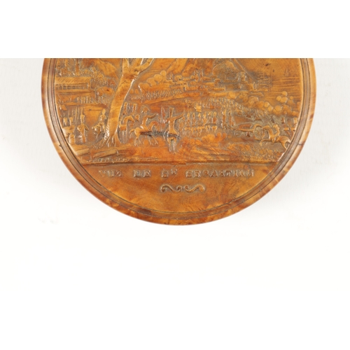 1022 - A 19TH CENTURY FRENCH BURRWOOD EROTIC SNUFF BOX with pressed Military scene to the lid titled 'VUE D... 