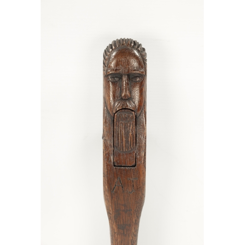 1043 - A PRIMITIVE MID 18TH CENTURY FOLK ART NUT CRACKER modelled as a man head initialled A.J. and dated 1... 