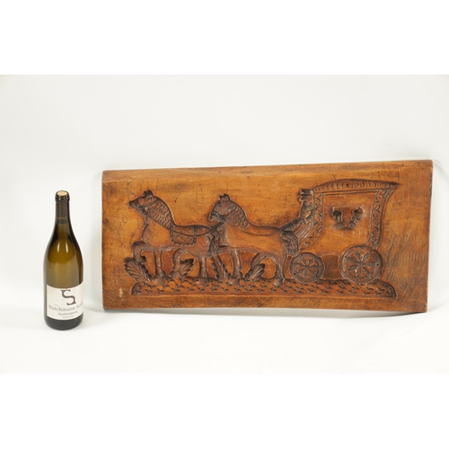 1050 - AN UNUSUAL 18TH CENTURY DUTCH CARVED FRUITWOOD GINGERBREAD MOULD carved with a horse-drawn carriage ... 