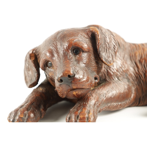 1053 - A 19TH CENTURY BLACK FOREST CARVED LINDEN WOOD DOG SCULPTURE set with glass eyes and seated in a rec... 