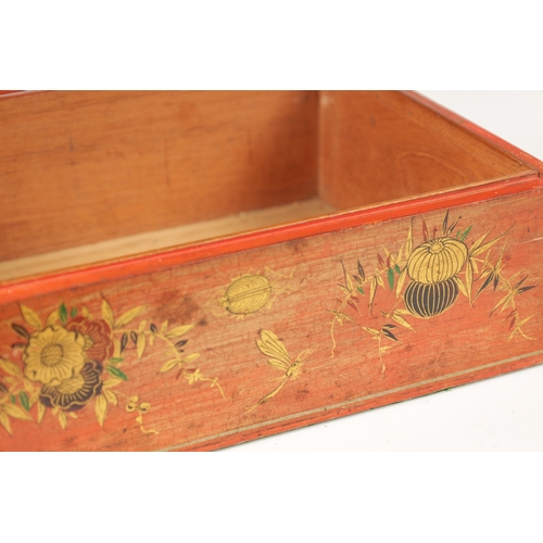 1056 - A 19TH CENTURY RED LACQUER AND CHINOISERIE DECORATED BOX with high relief figure and house decoratio... 