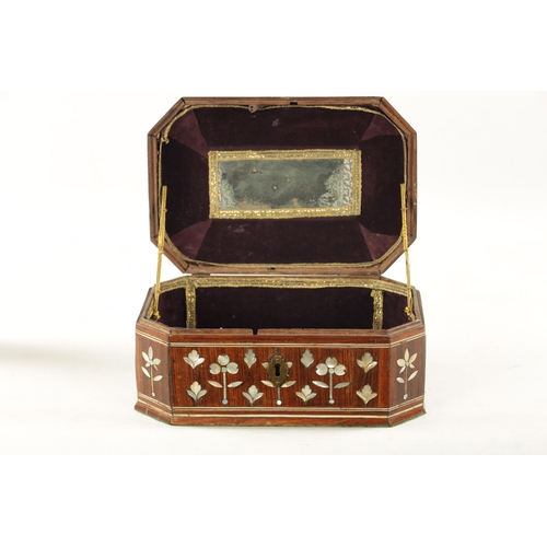 1057 - AN EARLY 18TH CENTURY SOUTH AMERICAN MOTHER OF PEARL INLAID BOX the rosewood box of geometric design... 